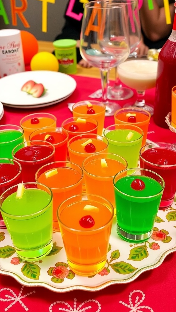 Colorful vegan jello shots in shot glasses, garnished with fresh fruit on a festive table.